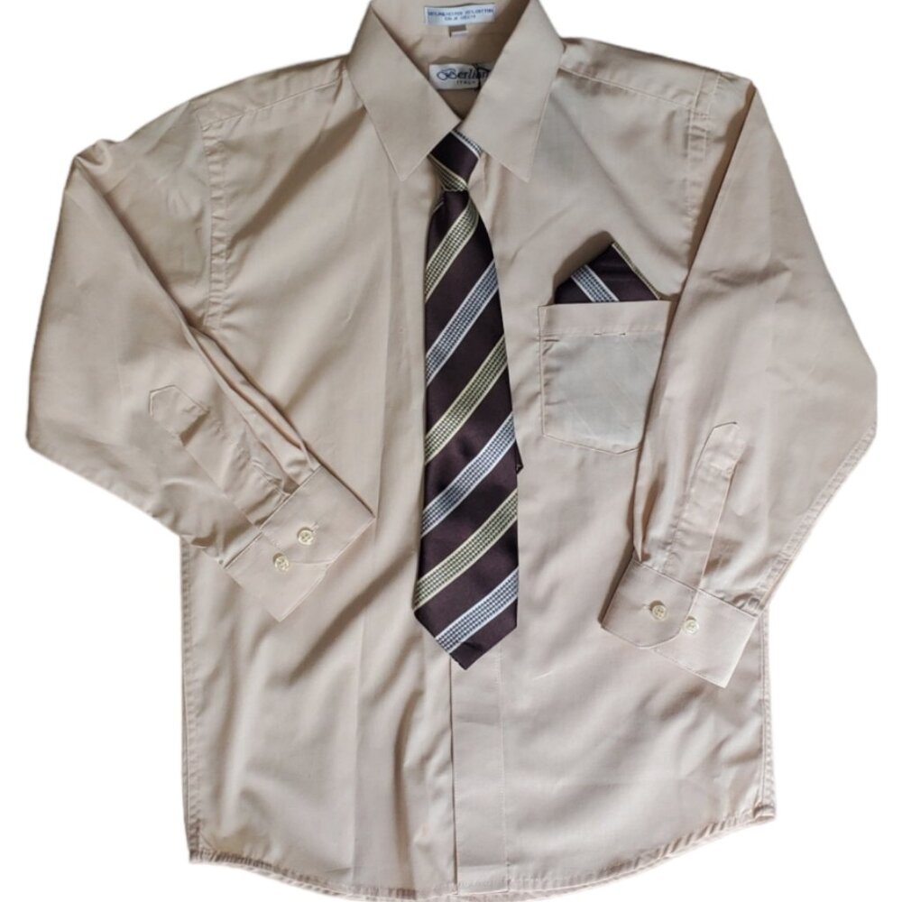 Berlioni Italy Long Sleeve Shirt, Tie & Handkerchief Set - Khaki - NWT